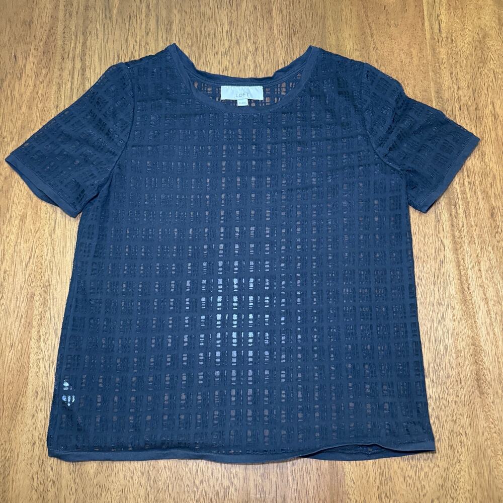 LOFT Womens M Black Semi Sheer Burnout Grid Short Sleeve Blouse Top Textured